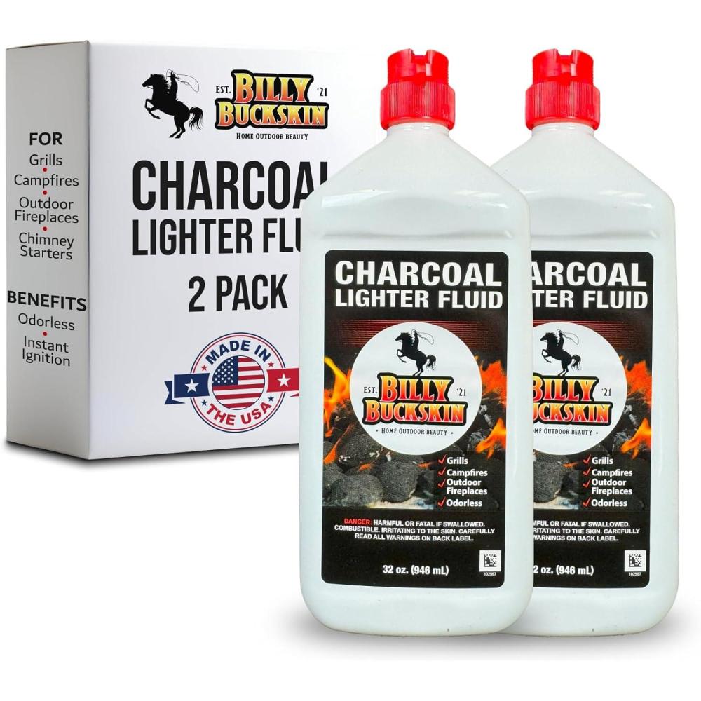 imageCharcoal Lighter Fluid 1 Quart  2 Pack Clean Burning Low Odor ampamp Fast Lighting Lighter Fuel  Perfect Fire Starter Fluid for Outdoor BBQ Grilling Camping Charcoal ampamp Wood Fires by Billy Buckskin2 Pack